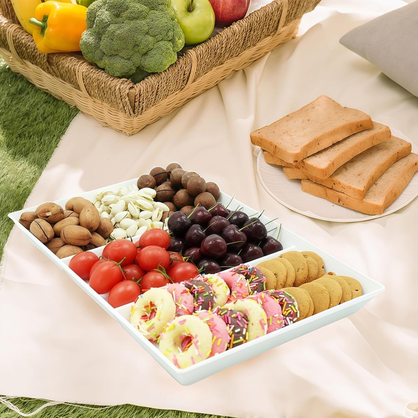 Divided Serving Tray Platter, 4 Pack 15" x 10" Fruit Veggie Food Tray for Party, Plastic Serving Trays for Appetizer, Snack, Dessert, Cookie, Brunch Decorations Platters, White Trays BPA-Free