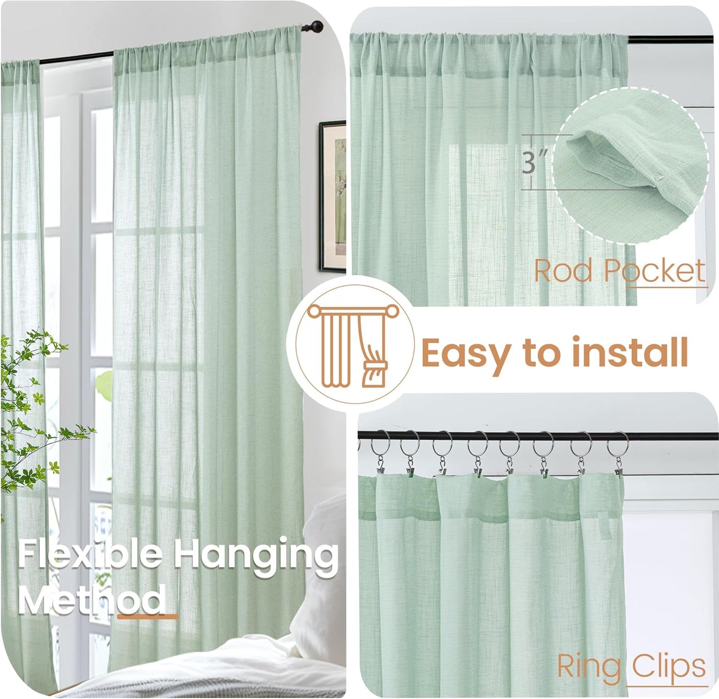 BGment Light Green Linen Semi Sheer Curtains 84 Inches Long for Living Room - Boho Sage Drapes Light Filtering Window Treatments with Rod Pocket for Dining Bedroom, 2 Panels Set, 52 X 84 Inch