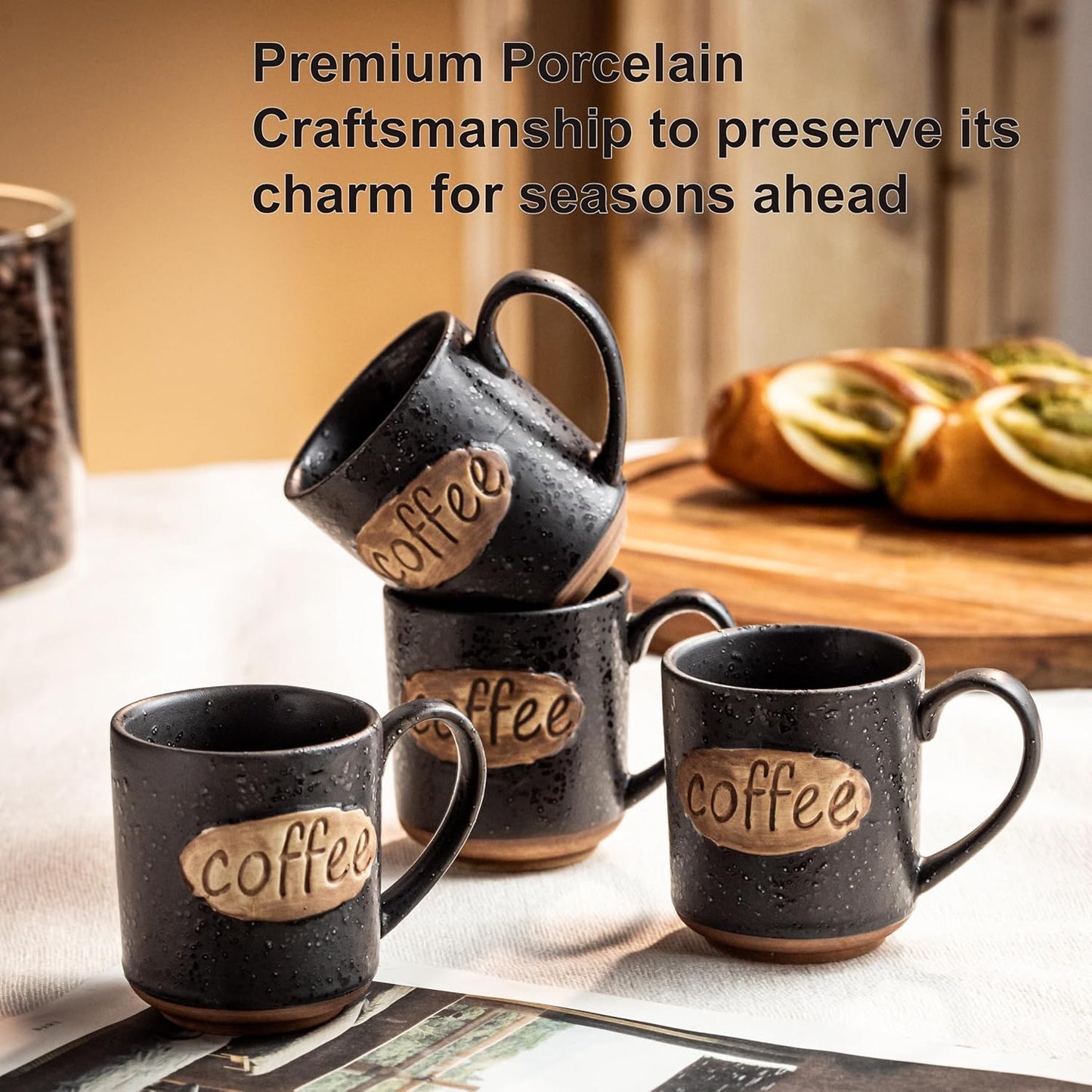 LYEOBOH Coffee Cups, Espresso Cups, Tea Cup, Coffee Mugs Set of 6, 3 oz Ceramic Espresso Cups, Cute Mini Demitasse Cups with Handle for Coffee Bar & Home Microwave & Dishwasher Safe, Black