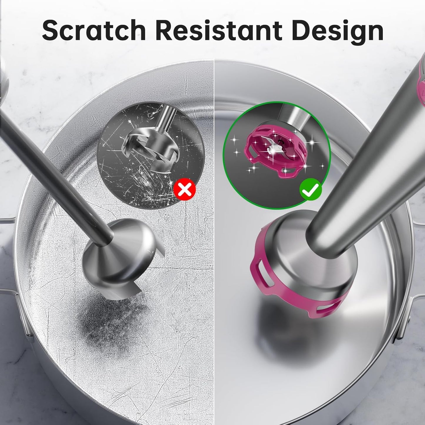 Immersion Blender Handheld Corded Hand Blenders Set 1100W, Trigger Variable Speed 5 in 1 Stick Emulsifier with Chopper, Whisk and Frother for Soup, Baby Food and Smoothies, Rose Red