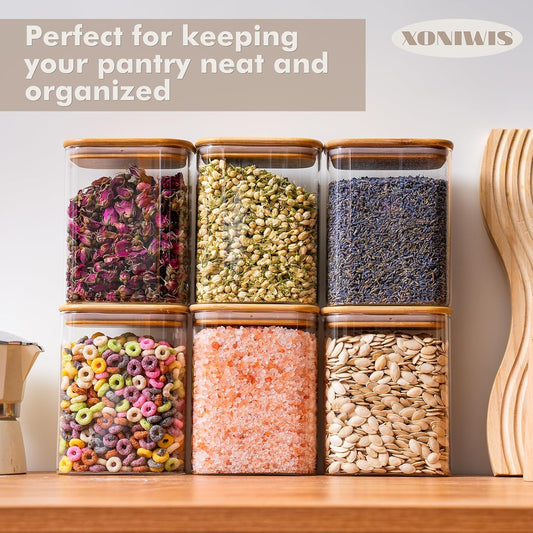 37oz 6PCS Rectangle Glass Pantry Containers with Lids, Glass Jars with Lids, Clear Food Storage Jars, Small Canister for Salt, Pepper, Spices, Nuts, Loose Tea, Coffee, Sugar, Candy