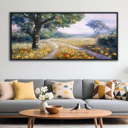 CHATYOUNG Large Landscape Wall Art, Rustic Wildflowers Way Home Yellow Green Pictures Farmhouse Canvas Painting Framed Artwork for Bedroom Living Room Kitchen Home Office Wall Decor 71"x32"