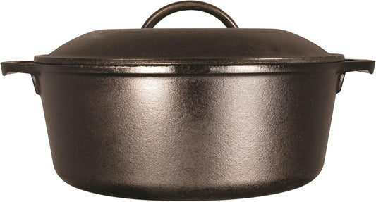 Lodge 7-Quart Cast Iron Dutch Oven – Made in USA, Pre-Seasoned, PFAS-Free & Non-Toxic, Heat-Treated, Induction Compatible, Self-Basting Lid, Durable Multi-Use Cooking Pot for Oven to Table
