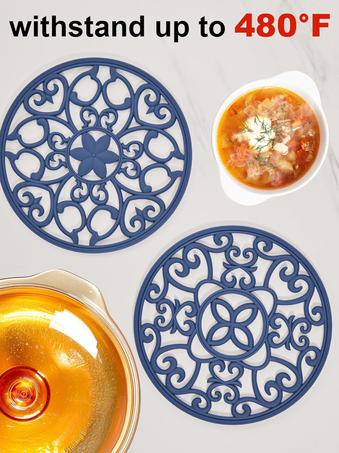 SMARTAKE 3 Set Silicone Trivet Mats, Multi-Use Carved Trivet Mat, Insulated Non-Slip Durable Kitchen Mats, Flexible Modern Kitchen Table Mat, for Hot Dishes, Pots, Dining Countertop, Navy Blue