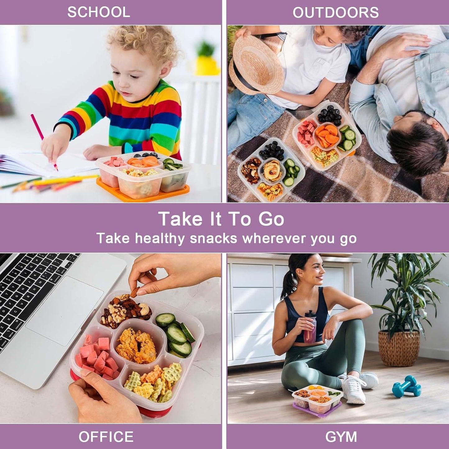 Caperci Original Lunchable Snack Containers - Bento Snack Boxes with 5-Compartment, Reusable Food Containers for School, Work and Travel, BPA-Free, Set of 4 (Classic)