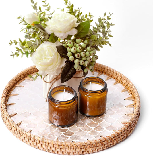 Round Rattan Tray with Mother of Pearl Inlay & Wooden Base - Decorative Wicker Serving Tray for Coffee/Bread/Fruits, Food Storage & Display - Multipurpose Home Decor (M,Fish Scales)