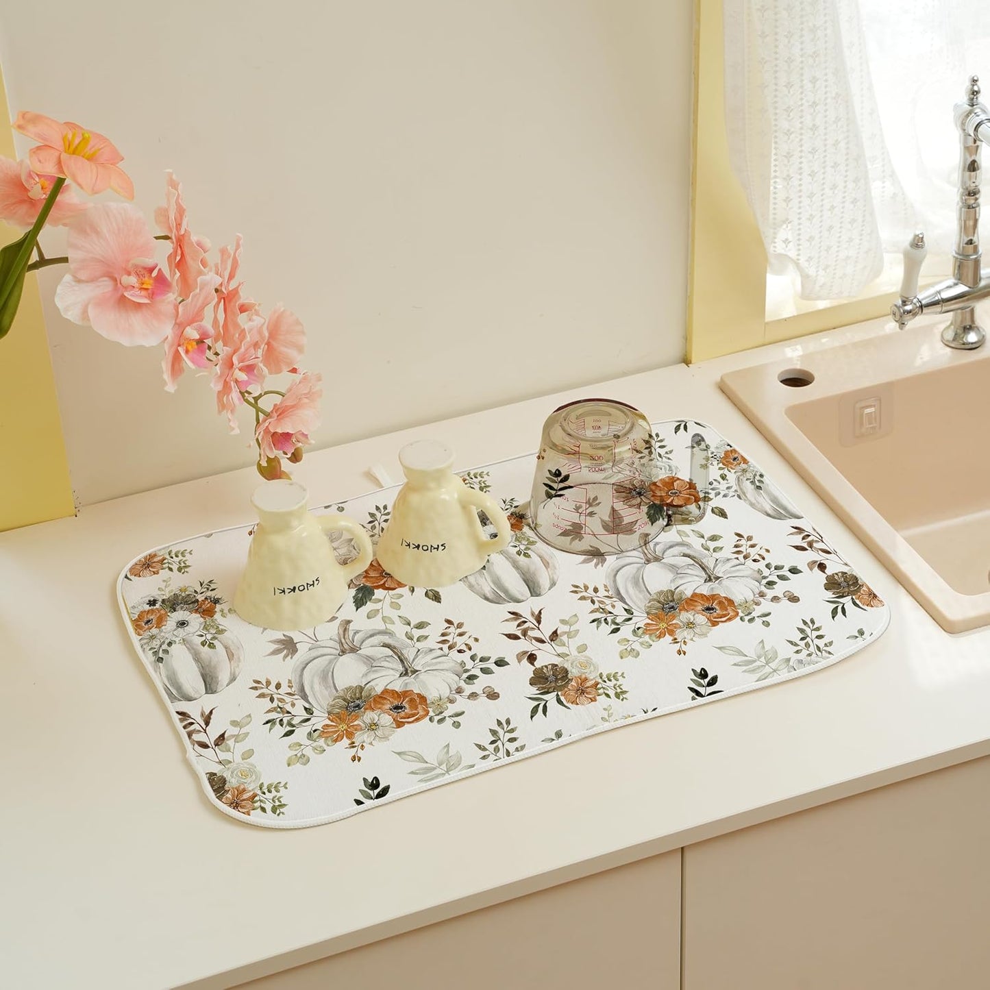 Fall Dish Drying Mat 18 x 24 inch Thanksgiving Autumn Watercolor Pumpkin Maple Leaves Decorative Drying Mats Microfiber Absorbent Dish Washable Draining Mat for Kitchen Counter Decor