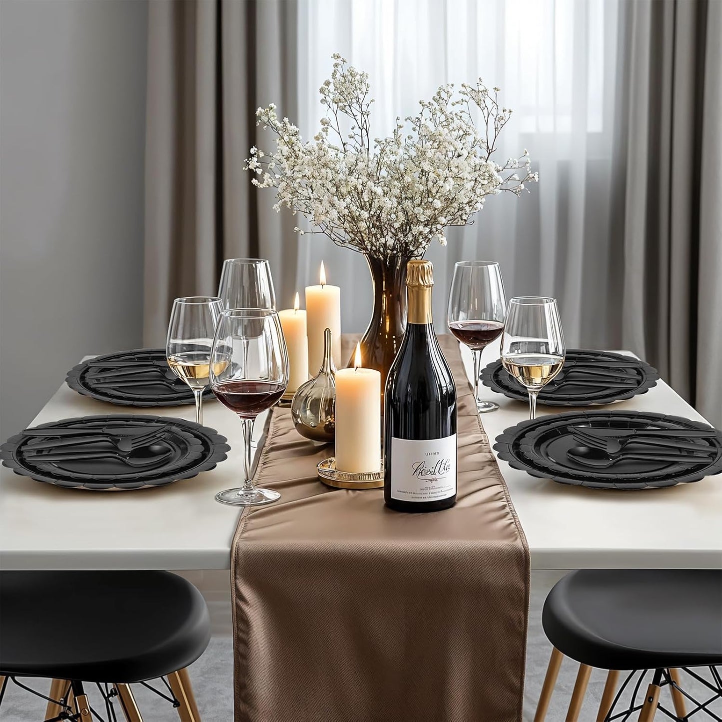 175 Pcs Black Plates and Napkins 25 Guest Halloween Plates Set Black Party Supplies Includes Scalloped Party Plate Napkins Cups Plastic Cutlery for Birthday, Halloween, New Year