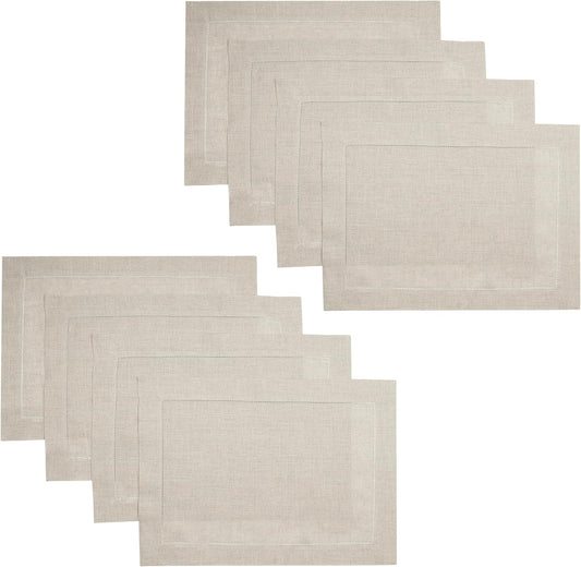 D'Moksha Homes Linen Placemats Set of 8 - Classic Hemstitch Natural Placemats 14 x 19 Inch - 100% Pure Linen Table Mats for Fall, Autumn and Halloween - Handcrafted and Machine Washable