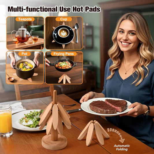 Trivets for Hot Dishes,Tree Shape Trivet Set,5 Wooden Trivets + 1 Stand, Heat-Resistant Foldable Wooden Tree Trivet Set for Pot、Bowl、Teapot、Hot Pot Holder
