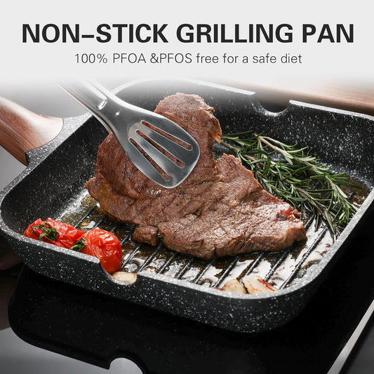 Kordisen Nonstick Grilling Pan with Lid for Stove Tops, 11 Inch Square Grill Pan for Indoor Cooking, Granite Coating Grill Skillet with Pour Spouts, Versatile Griddle, Induction Steak Pan, PFOA Free