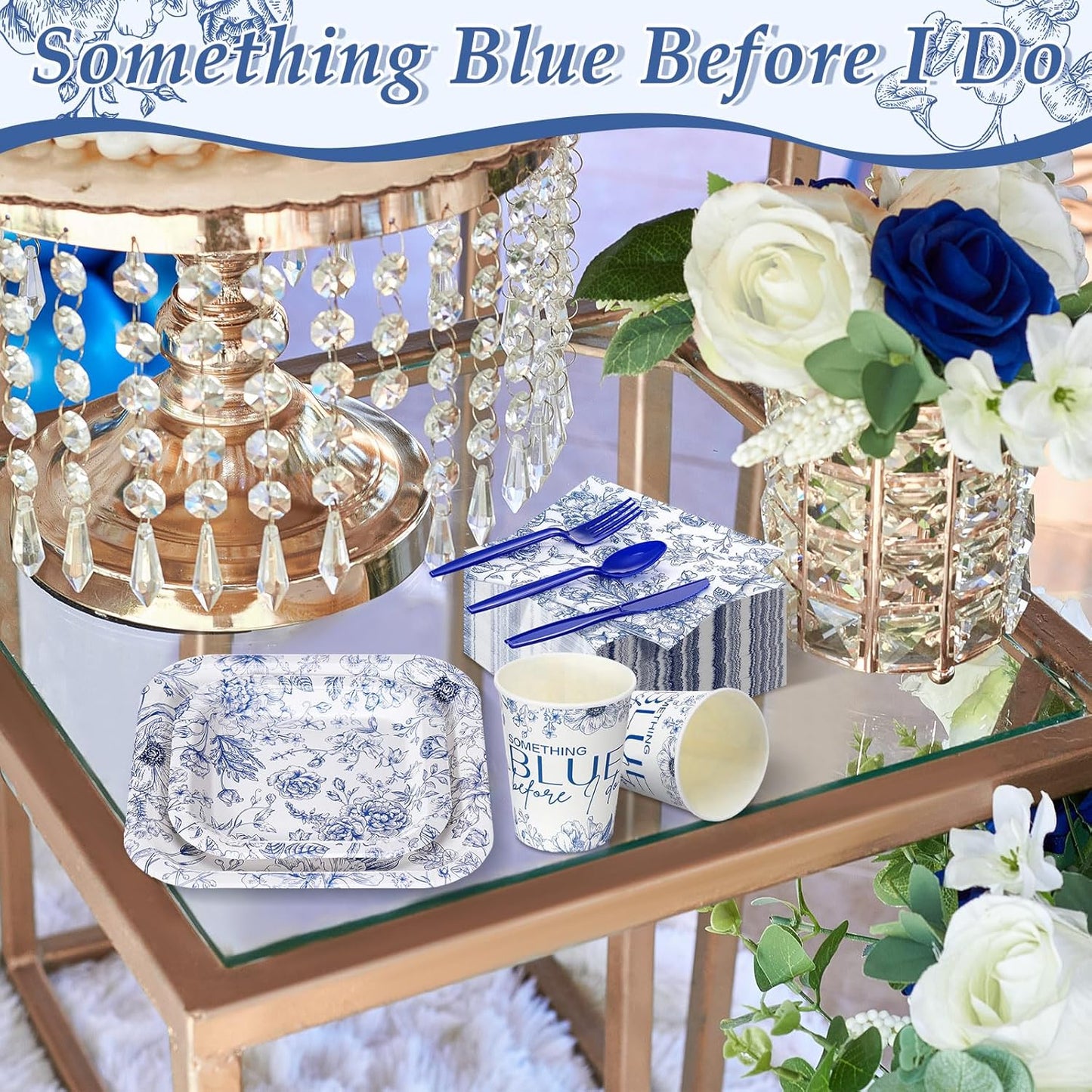 350 Pcs Paper Plates and Napkins Set Disposable Dinnerware Party Supplies Tableware Serve 50 Guest Cups Knife Forks Spoon(Blue,Something Blue Before I Do)