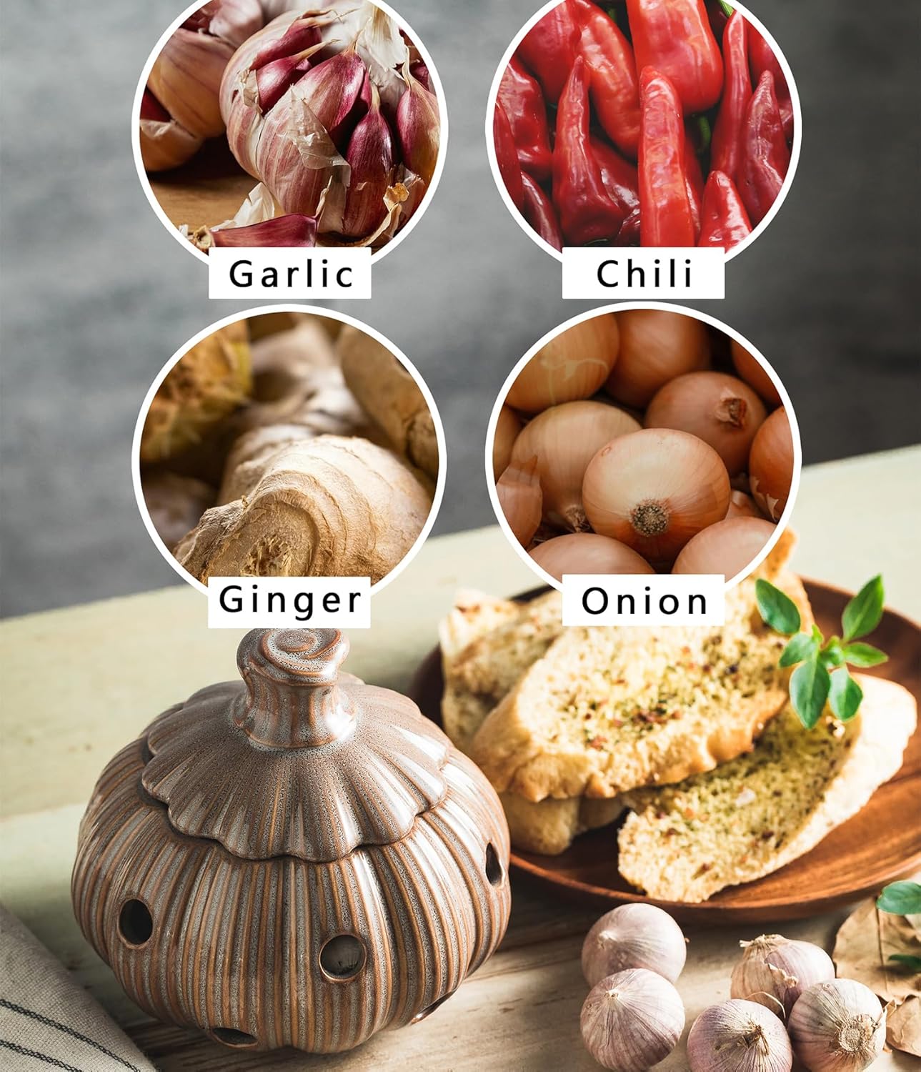 Ceramic Garlic Keeper with Lid and Holes Garlic Saver and Storage Framhouse Decor Keep Gralic Cloves Dry and Fresh, Grey