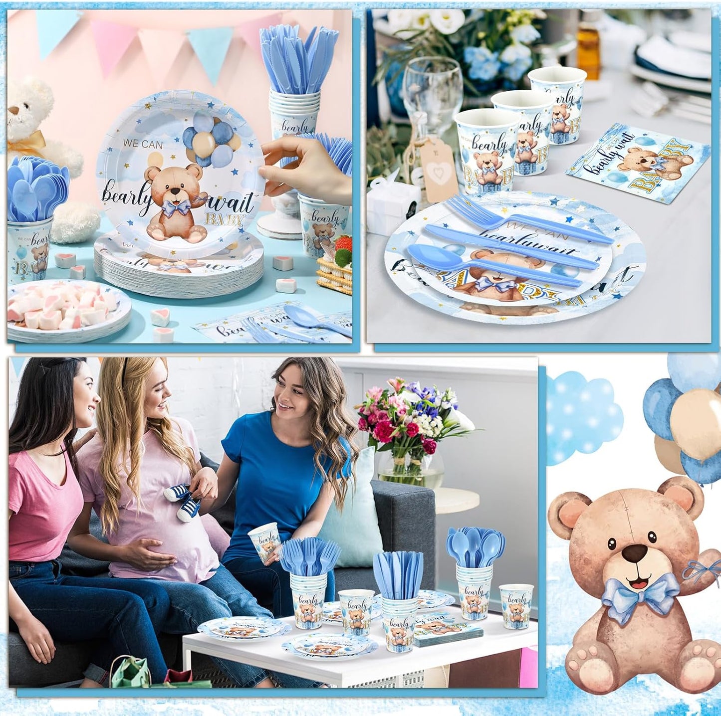 Dandat 350 Pcs Baby Shower Plates Set Baby Shower Party Supplies Serves 50 Tableware Sets Include Plates Napkin Cup Forks Knives Spoons Disposable Dinnerware(Bear,Blue)