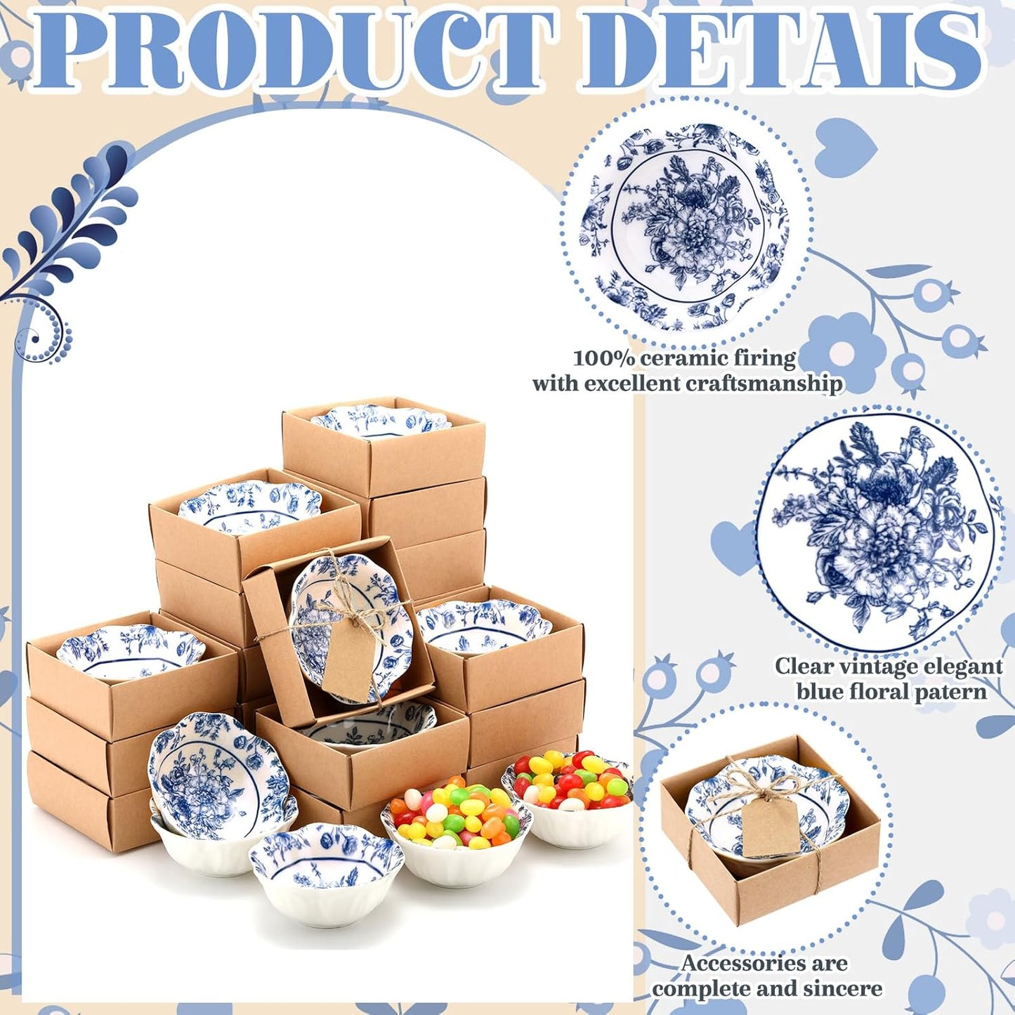 24 Pcs Wedding Favors for Guests Small Ceramic Bowl Bulk Gifts Set 3.3 Inch Floral Design Mini Dipping Bowl Sauce Dish with Cards Box for Bridal Baby Shower Birthday Guest Gift (Blue)
