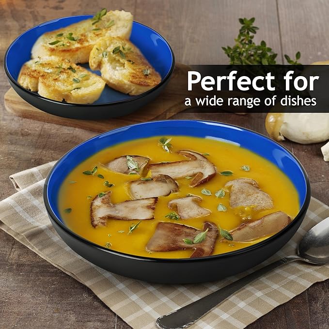 MIAMIO β 30 Oz / 8.6 Inch Set of 6 Pasta Bowls/Salad Bowls, Pasta Plates Wide and Shallow Bowl, Large Ceramic Stoneware Deep Plate Serving Soup - Le Papillon Collection (Blue)