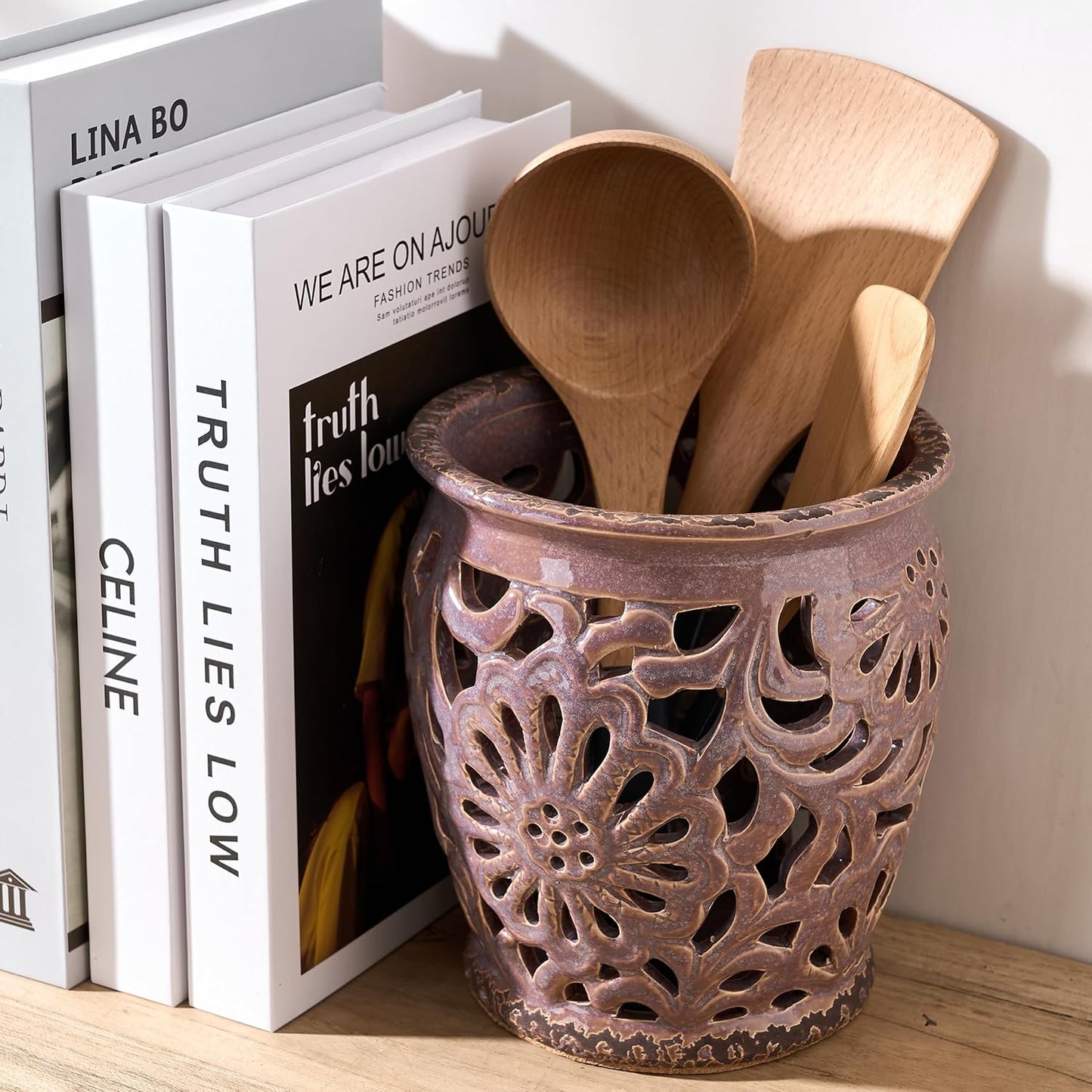 Farmhouse Kitchen Utensil Holder for Kitchen Counter, Ceramic Large Cooking Utensil Crock with Cork Mat, Decorative Rustic Utensil Organizer for Countertop, Spatula, Antique Purple