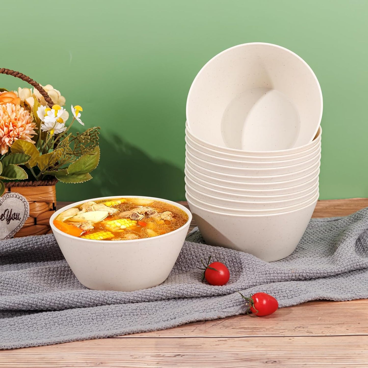 supernal 12PCS Beige Wheat Straw Bowls - Unbreakable Reusable Plastic Bowl,Fridge & Dishwasher Safe Soup Bowl,Lightweight Beige Disposable Bowls for Catering,Weddings,Cereal,Salad,Ramen