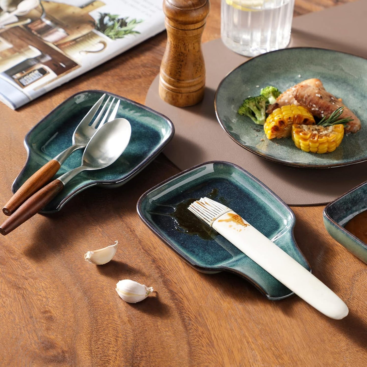 vancasso Stern Spoon Rest for Kitchen, Square Ceramic Spoon Holder for Stove Top, Heat Resistant Utensil Rest for Countertop, Dishwasher Safe, Kiln Green, 2 Pack