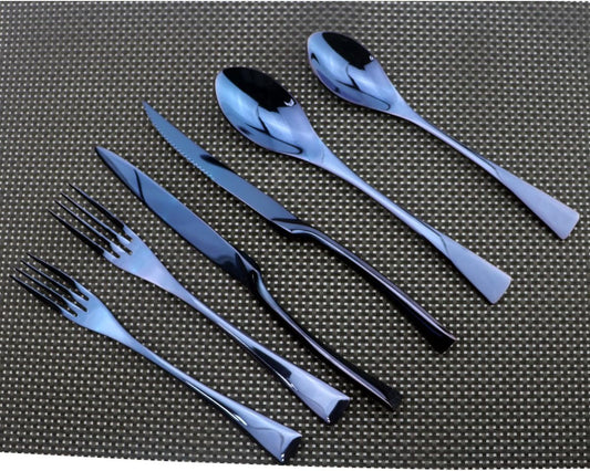 Flatware Set 18/10 Stainless Steel Mirror Polished Blue Cutlery - Silverware Utensil Set of Serrated Steak Knife Dinner Fork Knife Spoon Salad Fork Dessert Spoon,24 Piece Service for 4