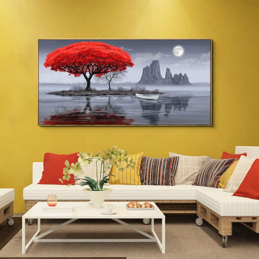 XLSJERST Large Wall Art - Red Room Wall Art Bedroom Decoration Frame Canvas Artwork Moon Landscape Lake Pacture for Living Room Office Black and White Wall Art 24x48 Inches