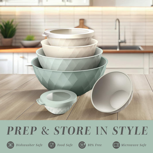 COOK WITH COLOR Mixing Bowls with Lids - 12 Piece Plastic Nesting Bowls Set includes 6 Prep Bowls and 6 Lids, Diamond Design - Microwave Safe, Mint