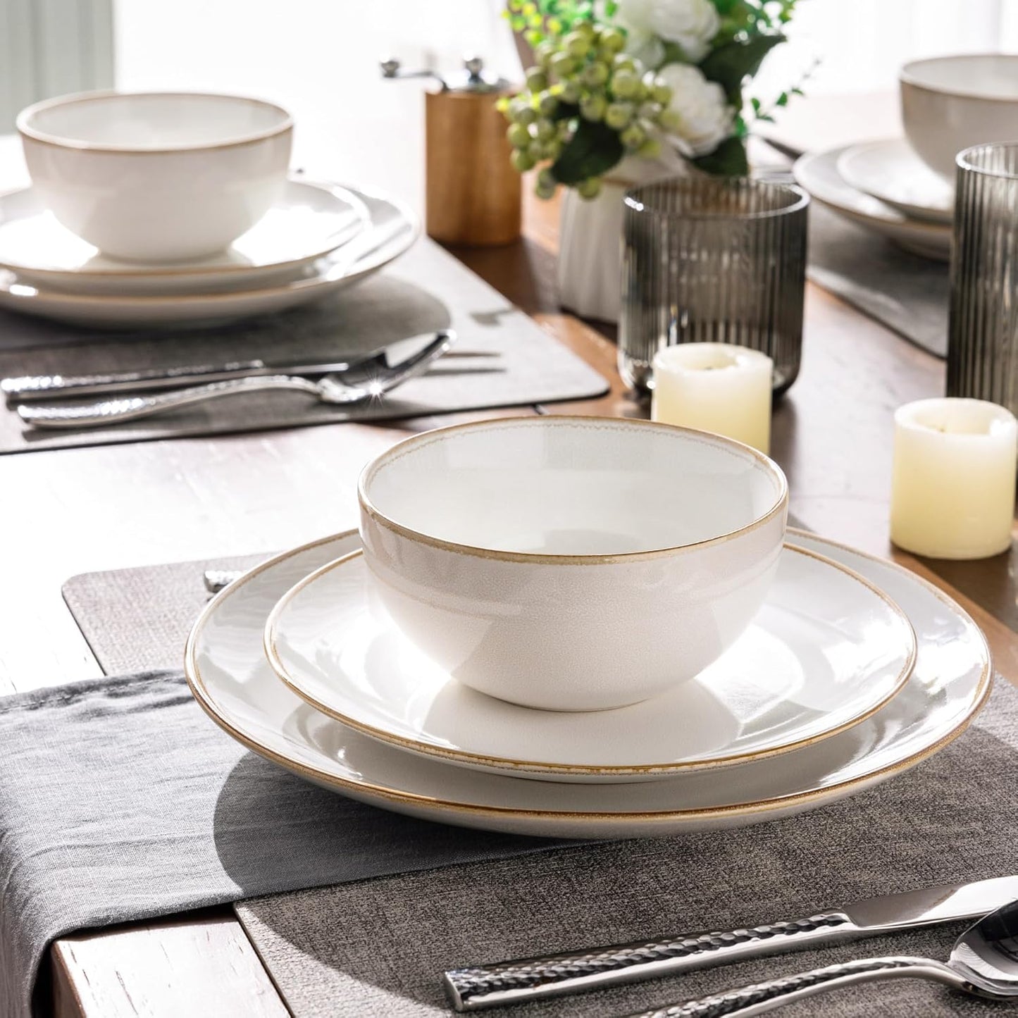 GBHOME Ceramic Dinnerware Sets for 4, 12 Pieces Stoneware Plates and Bowls Sets, Reactive Glaze Dishes -Scratch Resistant, Dishwasher&Microwave Safe,Pearl White