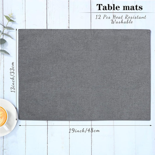 Sieral Cloth Placemats Set of 12 Rectangle Dining Table Placemats Bulk 13 x 19 Inch Machine Washable Heat Resistant Cotton Linen Table Mats for Wedding Baby Shower Birthday Party Supplies(Dark Gray)