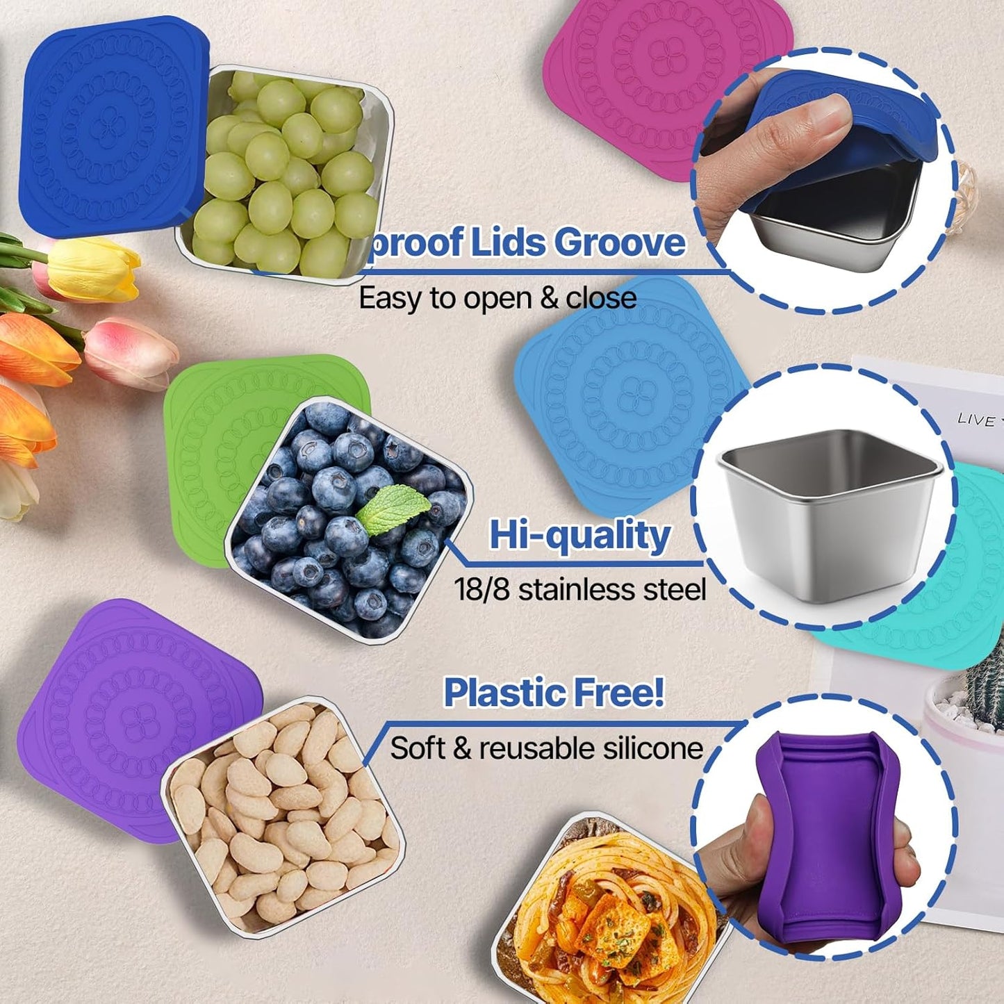 Set of 4 Stainless Steel Snack Containers for Kids and Toddler;Snackle Box Container;Leak Proof Stackable Small Metal Food Containers with Silicone Lids