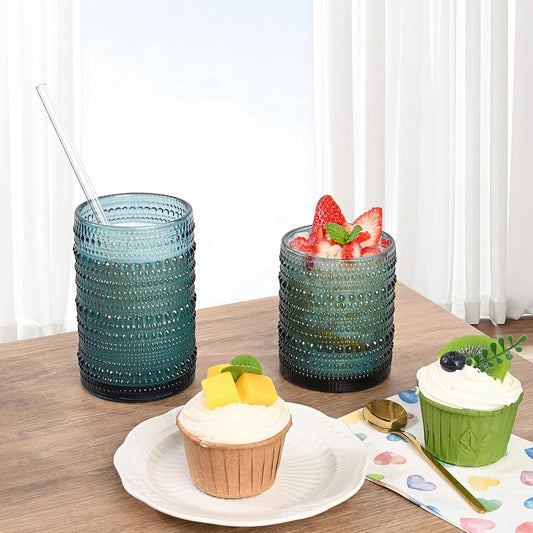 Vintage Glassware Drinking Glasses Set of 12,Blue 12oz & 15oz Hobnail Glass Cups,Embossed Water Tumbler,for Beer,Cocktail,Whiskey,Juice and Various Mixed Drinks- 1 Cleaning Brush