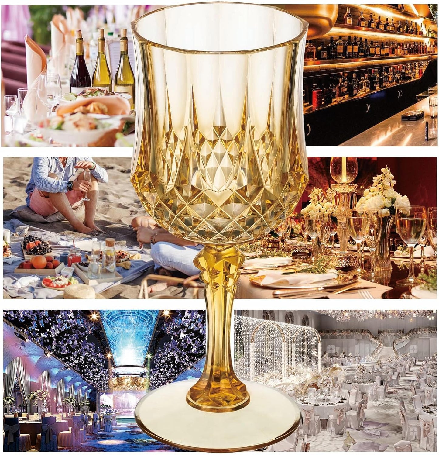 7OZ Plastic Wine Glasses, 48Pcs Amber Reusable Drinking Cups Vintage Champagne Flutes, Plastic Crystal Water Goblets for Parties Stemmed Shatterproof Drinking Glasses for Wedding, Toasting Party