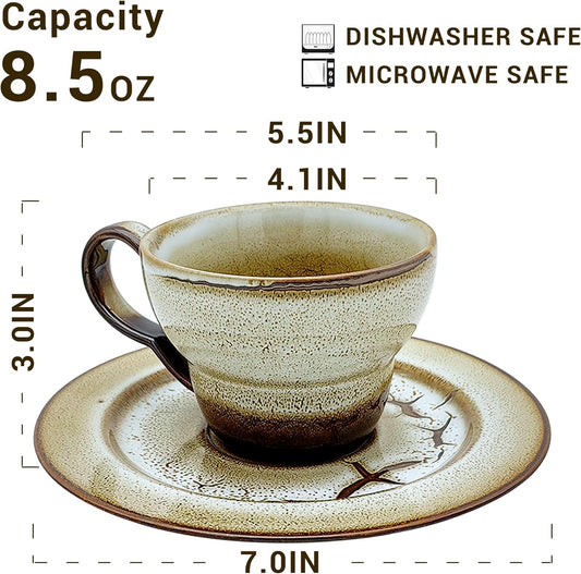 Latte Art Coffee Cup Set of 2 with Saucers - 8.5oz Ceramic Mugs for Cappuccino, Espresso & Tea - Microwave & Dishwasher Safe - Perfect Holiday Gift for Father's Day, Birthday, Housewarming