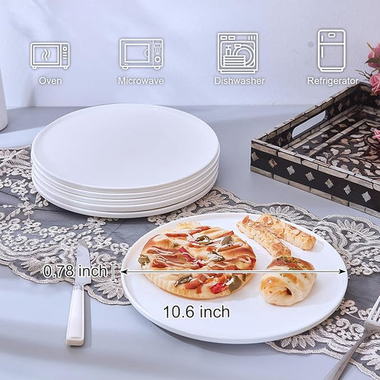 White Fine Bone China Dinner Plates, AntoKueh 10.6 Inch Large Serving Plate, Set of 6 with Shallow Edge for Pasta, Steak, Dishwasher/Microwave safe
