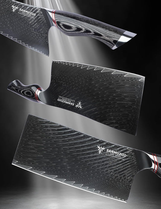 7 Inch Meat Cleaver Knife - Chinese Kitchen Vegetable Cleaver - Black Damascus Steel with Ergonomic Handle - MIAO Series