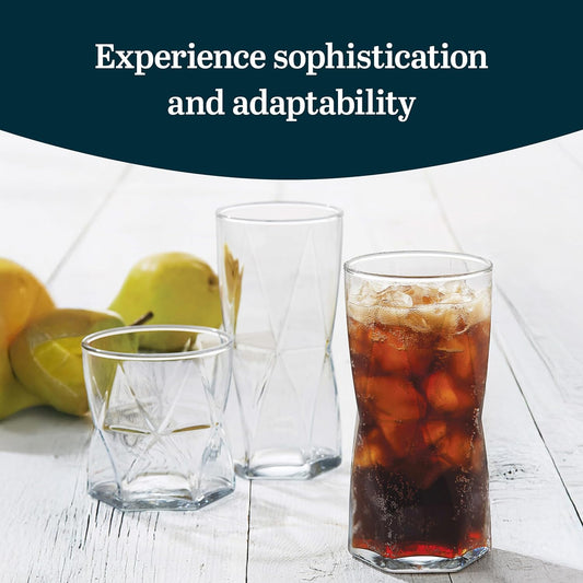 Libbey Rhombus Tumbler and Rocks Drinking Glasses Set of 16, Fun Geometric Glass Cups Set, Kitchen Glasses Set for Cocktails, Water, and Everyday Use