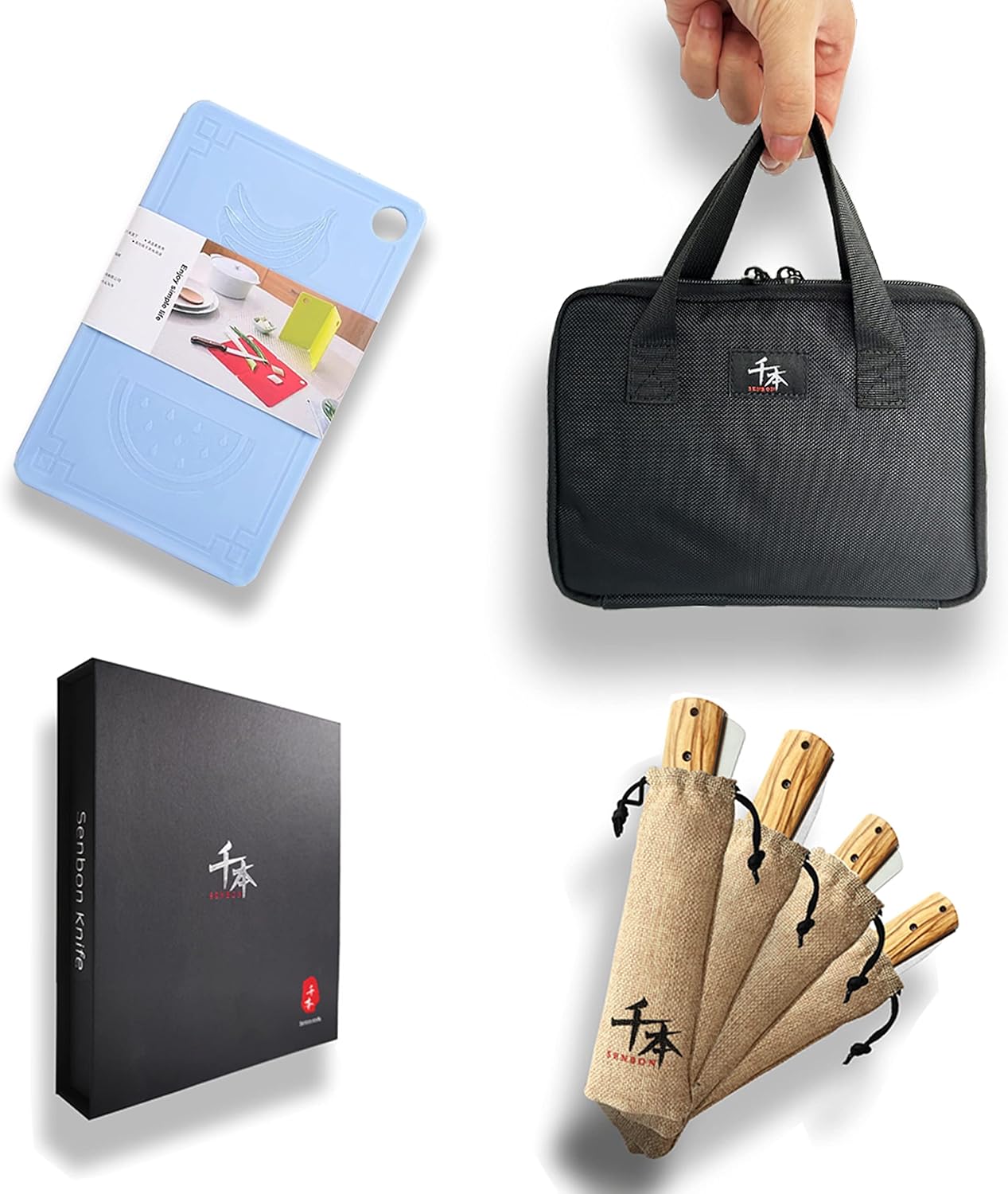 SENBON 440A stainless steel Gift wrapped 4 piece set sharp pocket folding Japanese chef knife universal peeling knife bread knife set portable kitchen knives with natural olive handle