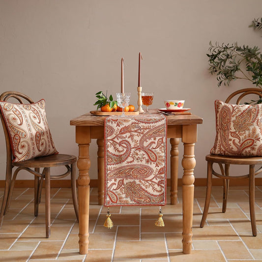 ISAENNE Designer Elegant Red Linen Table Runner 71 Inches Long,Vintage Paisley Pattern Durable Table Runners for Dining Tables,Thanksgiving,Kitchen Tables,Christmas,12"*71"-Chauffrey A