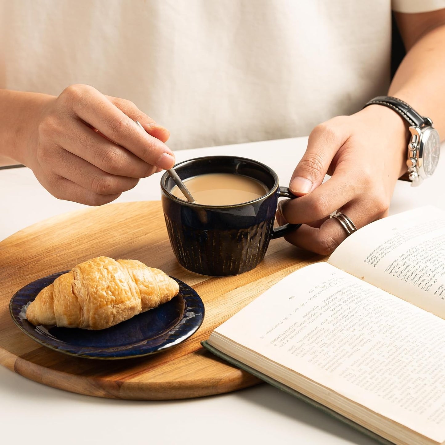 Ceramic Latte Cup with Saucer, 7 oz, Coffee Mug, Espresso Cups for Cappuccino, Milk Tea and Mocha, Dishwasher and Microwave Safe (blue)