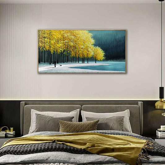KLAKLA Large Wall Art - Yellow Bedroom Birch Tree Valley Snowy Forest Wild Lakes Landscape Canvas Pictures Wall Decoration for Living Room Office Home Decor - 40x20 Inches