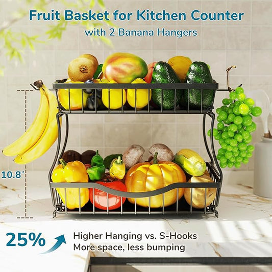 2 Tier Fruit Basket for Kitchen Counter with 2 Banana Hangers, Large Metal Fruit Bowl for Onion Vegetable Bread Snack, Countertop Organizer – Black, 14.5" W x 9.5" D