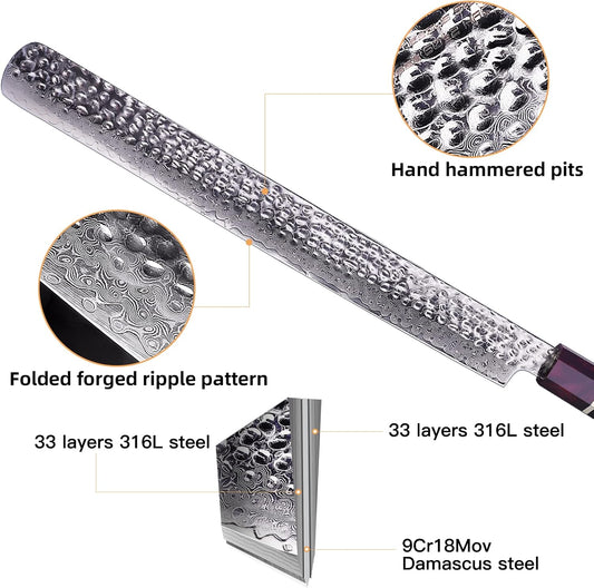 FINDKING Eternity Series Brisket Slicing Knife with ABS Sheath, Sharp Carving Knife for Meat, BBQ Must-Have, 9Cr18MoV Damascus Steel Blade, Resin Octagonal Handle, 12 Inches