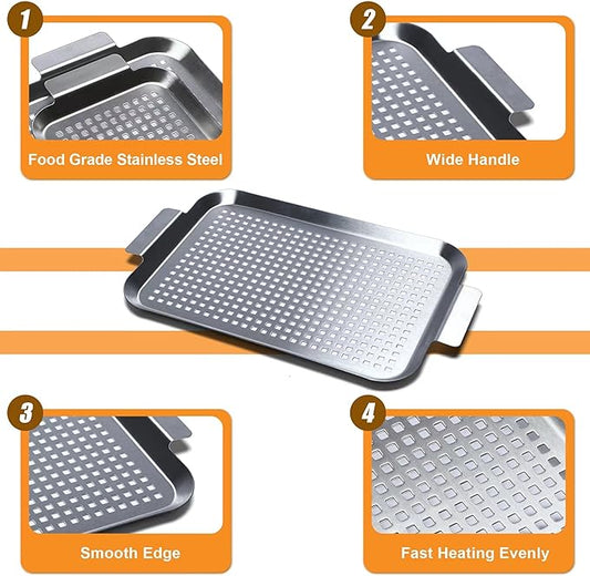 Grill Pan Set of 2, BBQ Grill Topper for Outdoor Grill, Stainless Steel Grilling Baskets with Holes and Handles, Perforated Food Tray Barbecue Accessories for Vegetable, Fish, Meat, Seafood