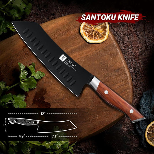 TIVOLI Santoku Knife, 7 Inch Professional Chef Knife, High Carbon Steel Ultra Sharp Deep Cooking Knife with Full Tang Ergonomic Wood Handle, Gift for Men Women Christmas