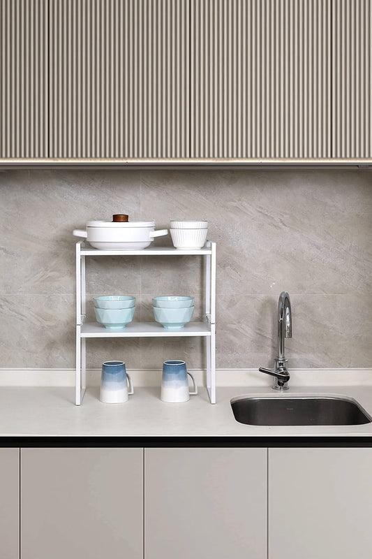 Nxconsu 2Pack Cabinet Shelves Stackable Organizer Rack Riser for Kitchen Cabinet Pantry Cupboard Counter Countertop Home Organization Storage Space Saver Heavy Duty Metal Nonslip White Tall