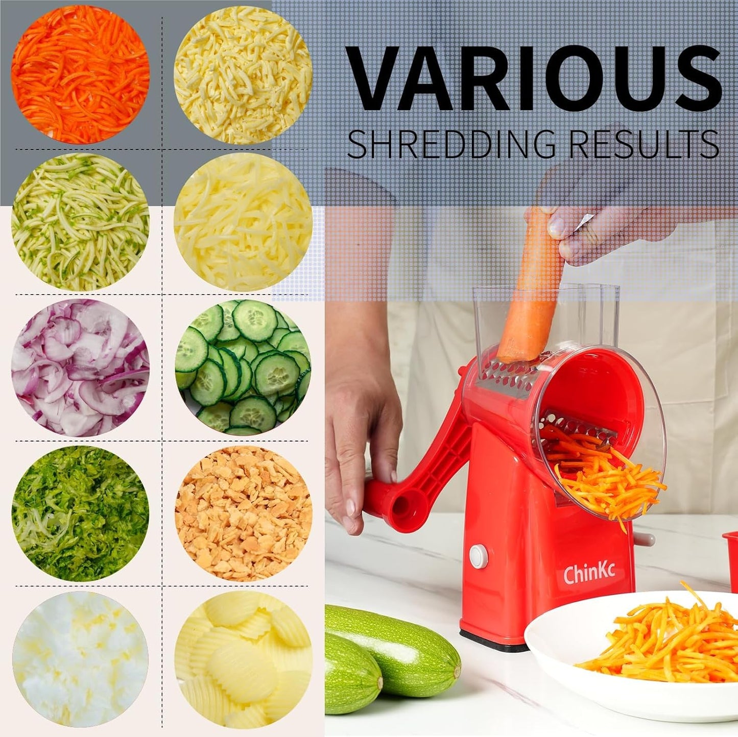 Rotary Cheese Grater Shredder - Upgraded 5 in 1 Cheese Grater with Handle and Strong Suction Base, Multi-purpose Julienne Slicer Ice Shaver Nuts Grinder for Ice, Vegetables, Fruit, Nuts