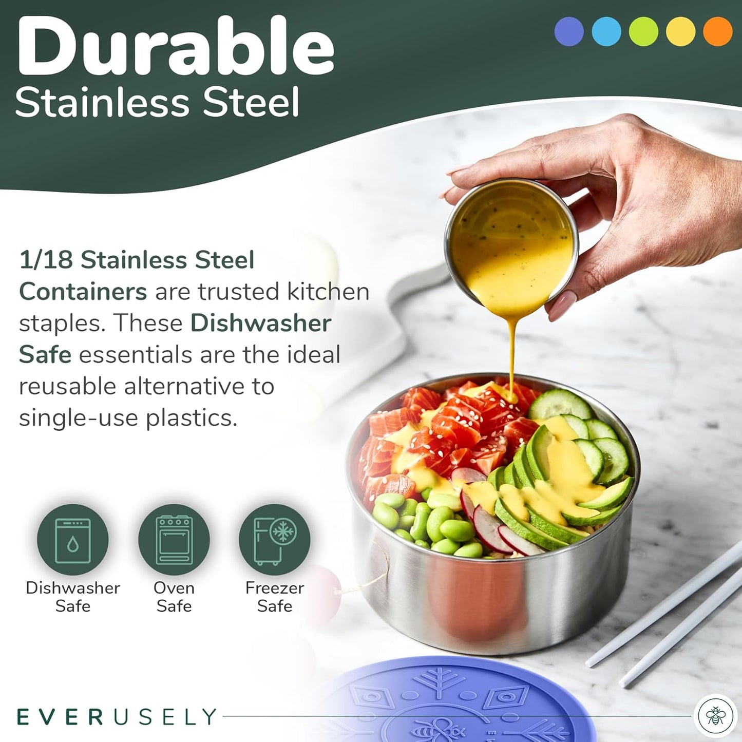 Everusely - Stainless Steel Containers with Lids - Set of 5, Summer Collection - Leakproof Stainless Steel Food Containers - Nesting Snack Holders - Metal Lunch Box - Portable & Reusable Meal Kit