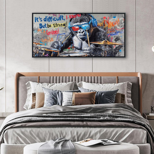 QZQCBLC Large Canvas Wall Art - Abstract Graffiti Gorillas Playing Drums Street Paintings Artwork Black White Pictures for Living room Bedroom Bar Men's Teenager Game Room Home Decor 24X48