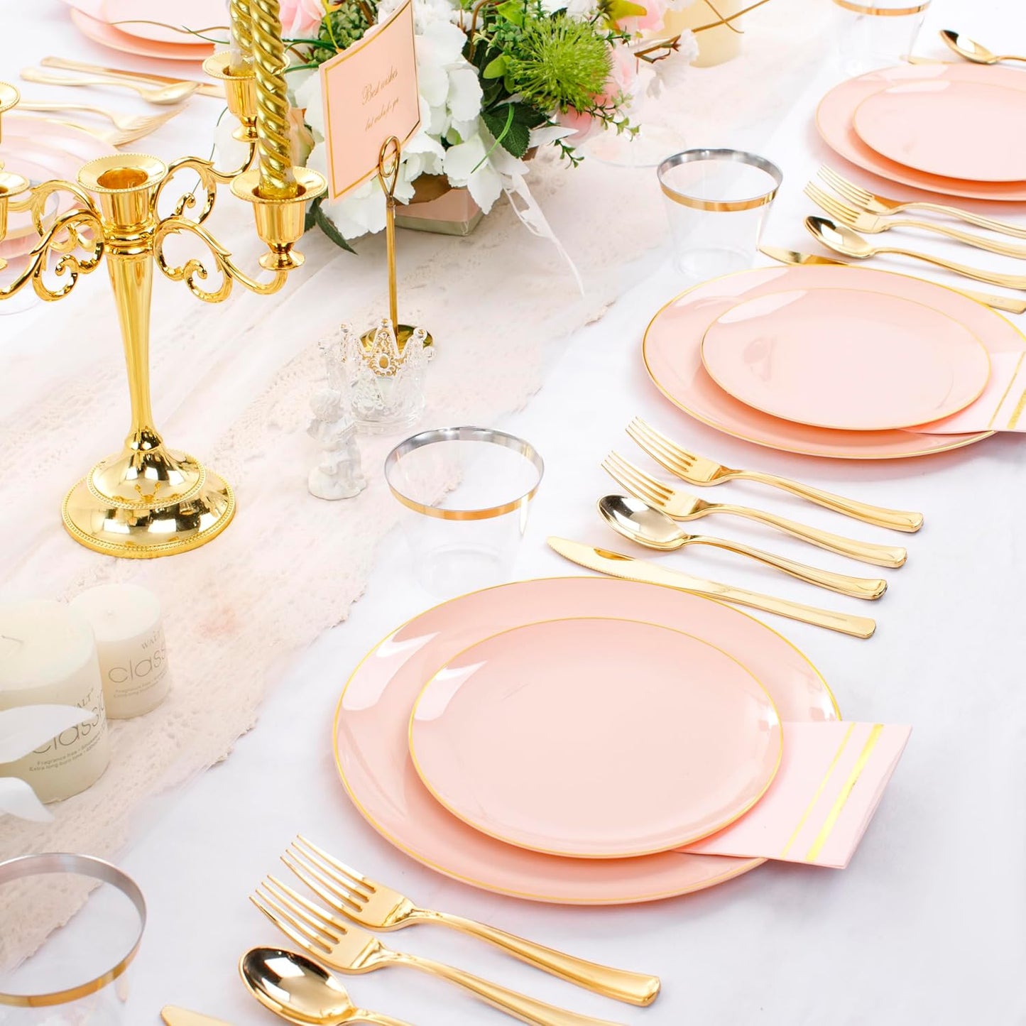 NOCCUR 350PCS Pink and Gold Plastic Plates - Pink Disposable Plastic Dinnerware Set for 50 Guests Include 50 Dinner Plates,50 Dessert Plates,150 Gold Cutlery,50 Cups&50 Napkins for Party&Wedding