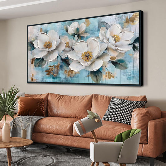 Ardemy White Floral Wall Art, Framed Canvas Wall Art For Living Room Large Teal Pictures Wall Decor Flower Paintings Artwork for Walls Dining Room Bedroom Home Office 48"x24"
