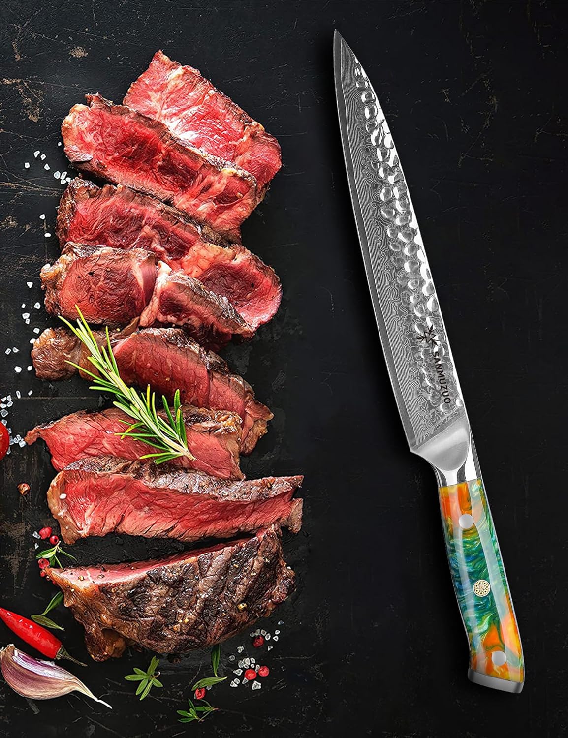 8 Inch Carving Knife, Meat Slicing Knife - Hammered Damascus Steel & Resin Handle - Yao Series